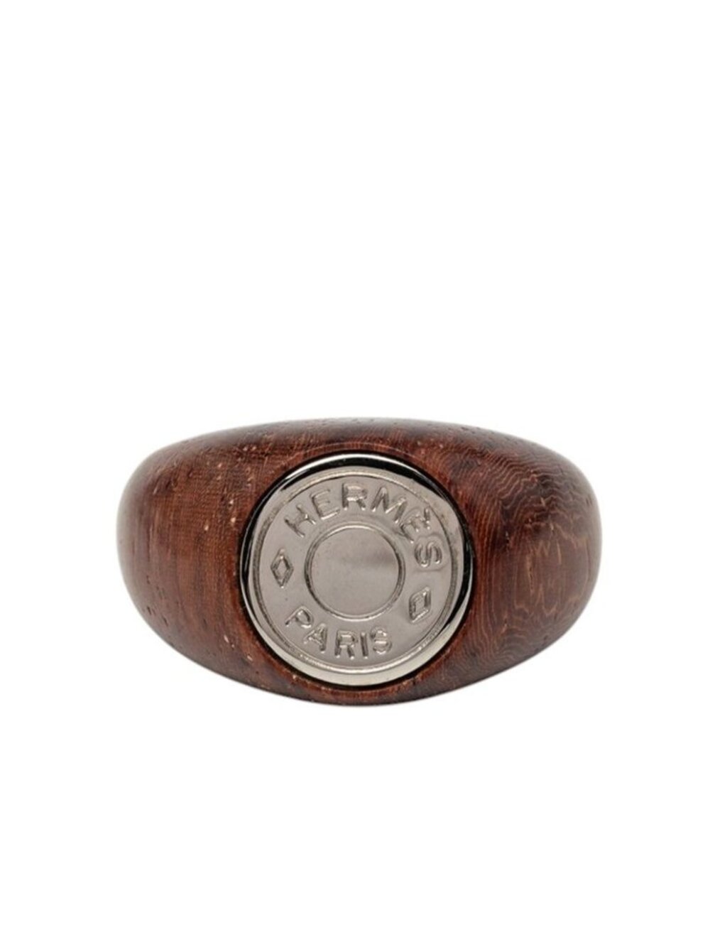 Hermes Sellier Ring Brown Silver Wood Metal